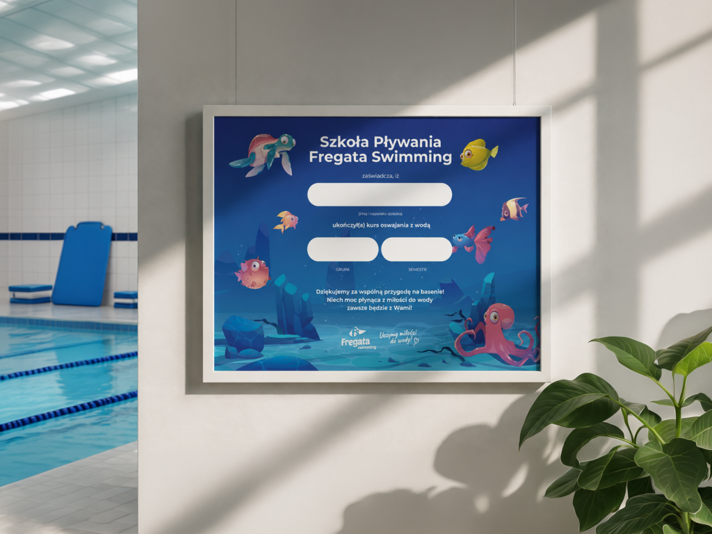 Plakat szkoły pływania w ramce na ścianie, sztuka reklamy
