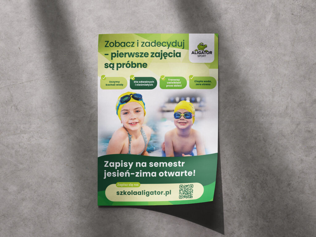 Makieta ulotki szkoły pływania Aligator jako sztuka reklamy